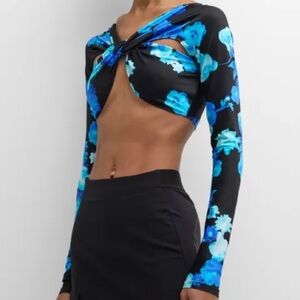 NWT Coperni Twist Cutout Cropped Draped Top Long Sleeve Crop Black Blue Flowers